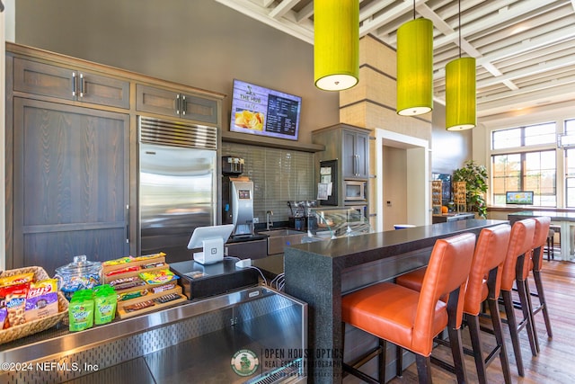 kitchen with hardwood / wood-style floors, sink, built in appliances, a towering ceiling, and decorative light fixtures