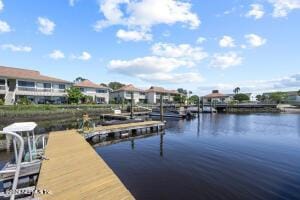 dock area with a water view