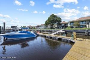 view of dock with a water view