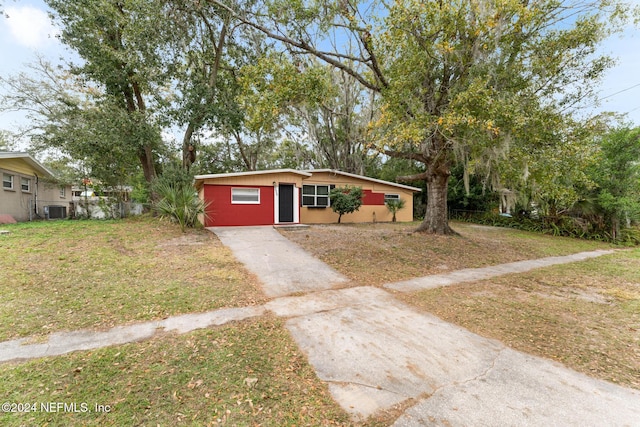 ranch-style house featuring a front yard and central AC unit