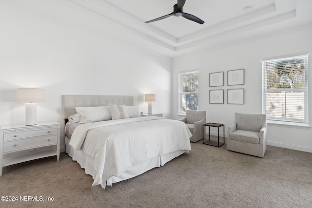 bedroom featuring light colored carpet, multiple windows, a tray ceiling, and ceiling fan