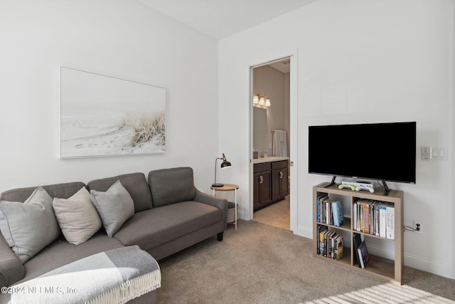 living room with light colored carpet