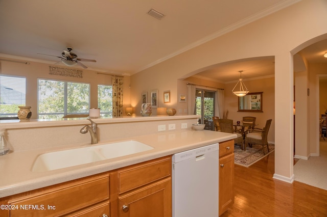 kitchen featuring white dishwasher, crown molding, sink, light hardwood / wood-style flooring, and ceiling fan