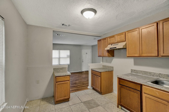 kitchen featuring sink, light wood-type flooring, and a textured ceiling