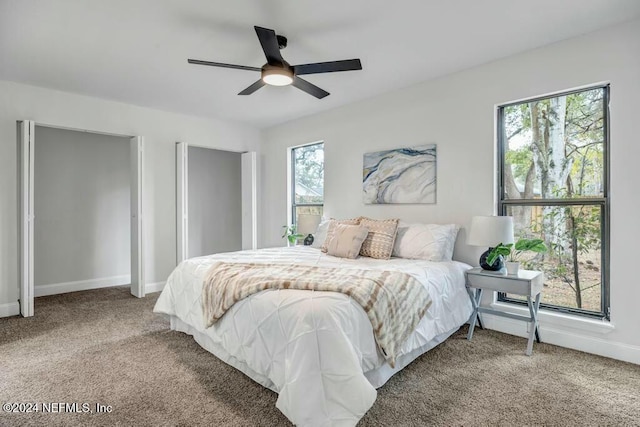 bedroom featuring carpet, ceiling fan, and multiple windows