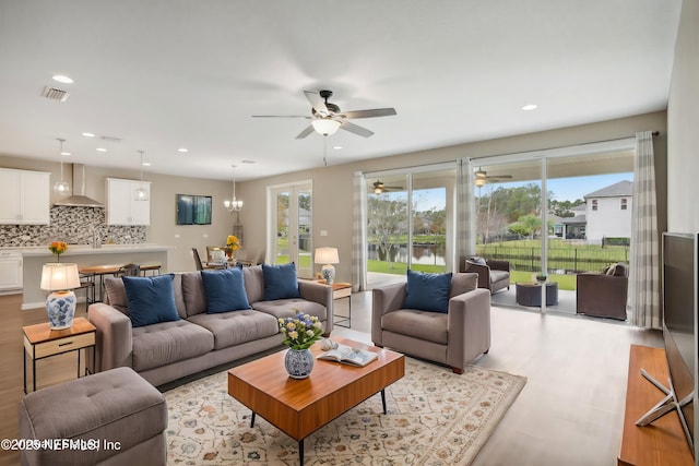 living room featuring ceiling fan