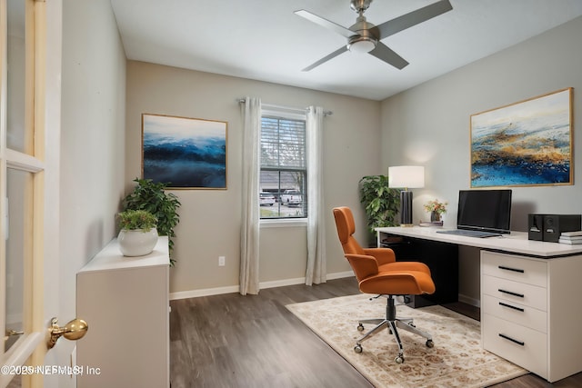 home office featuring ceiling fan and dark hardwood / wood-style flooring