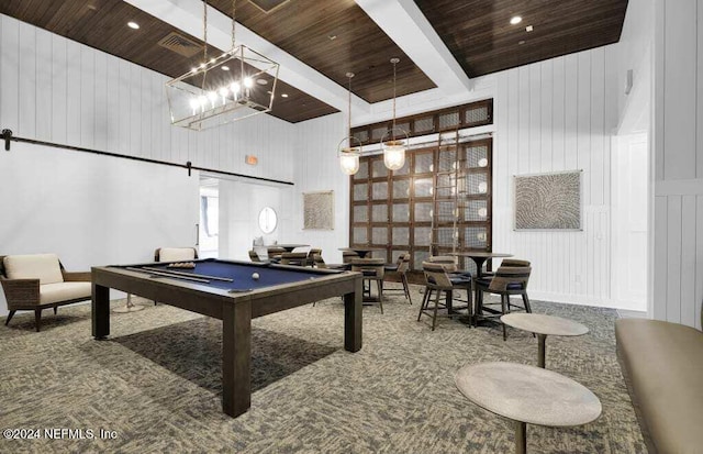 playroom featuring carpet floors, wood ceiling, a high ceiling, and pool table