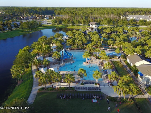 birds eye view of property featuring a water view