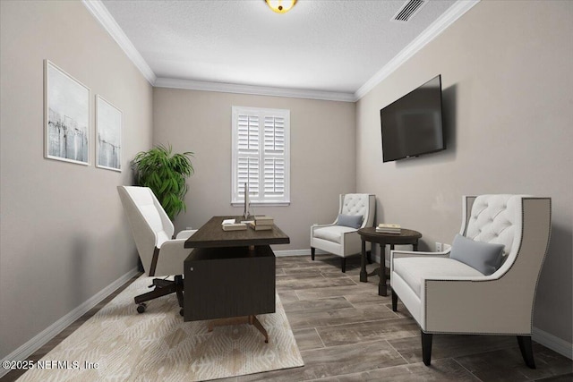 home office featuring hardwood / wood-style flooring, ornamental molding, and a textured ceiling