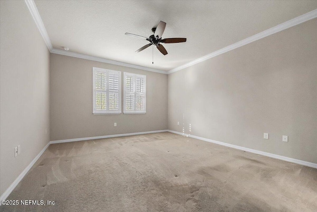 empty room featuring ornamental molding, light carpet, and ceiling fan