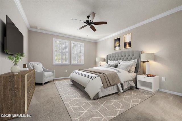 bedroom with ceiling fan, ornamental molding, and light carpet