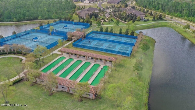 drone / aerial view featuring a water view