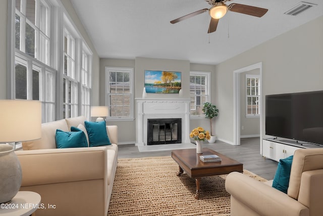 living room featuring ceiling fan and light hardwood / wood-style flooring