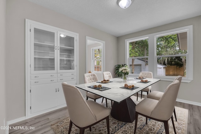 dining space with plenty of natural light, light hardwood / wood-style floors, and a textured ceiling