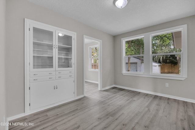 unfurnished dining area featuring plenty of natural light, light wood-type flooring, and a textured ceiling