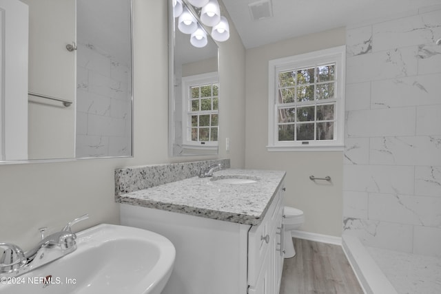 bathroom with a tile shower, vanity, hardwood / wood-style flooring, and toilet