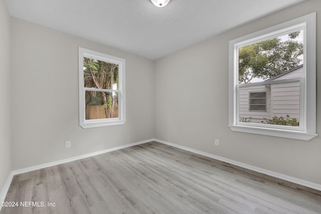 spare room with a healthy amount of sunlight, light wood-type flooring, and a textured ceiling