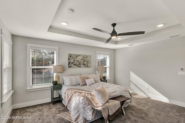 bedroom featuring a raised ceiling, multiple windows, ceiling fan, and carpet floors