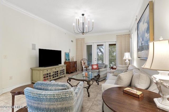 living room featuring crown molding, a chandelier, and light tile patterned floors