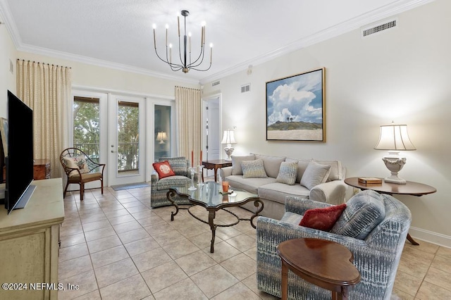 tiled living room with crown molding and an inviting chandelier