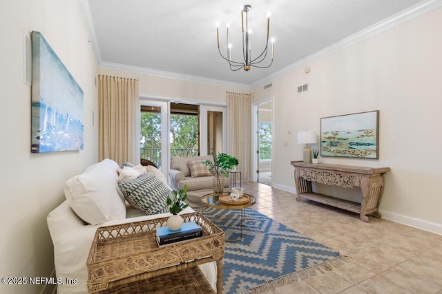 tiled living room with a notable chandelier and ornamental molding