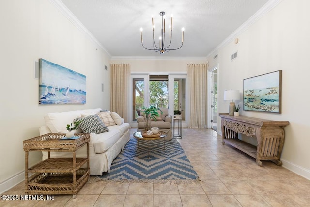 living room with light tile patterned flooring, an inviting chandelier, and ornamental molding