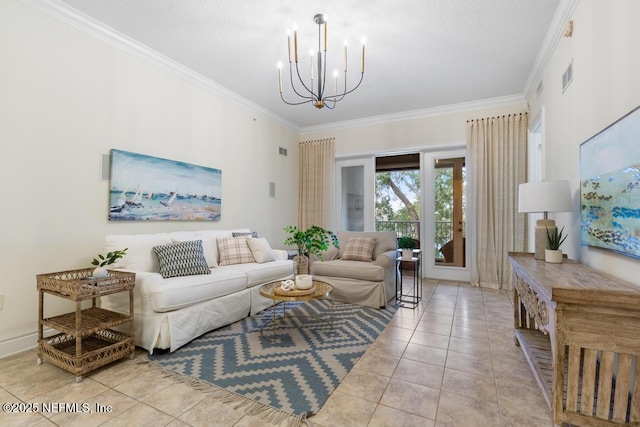 living room with a notable chandelier, light tile patterned floors, and crown molding