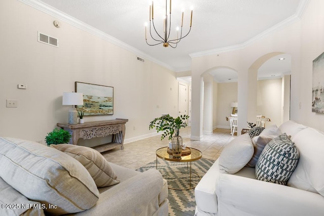 living room with light tile patterned flooring, a chandelier, and crown molding