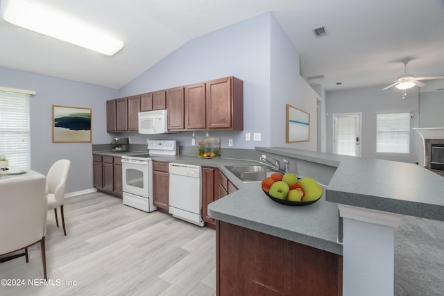 kitchen with lofted ceiling, light hardwood / wood-style floors, white appliances, and a wealth of natural light