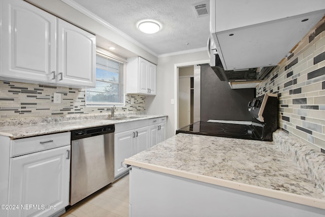 kitchen featuring dishwasher, backsplash, white cabinets, crown molding, and range