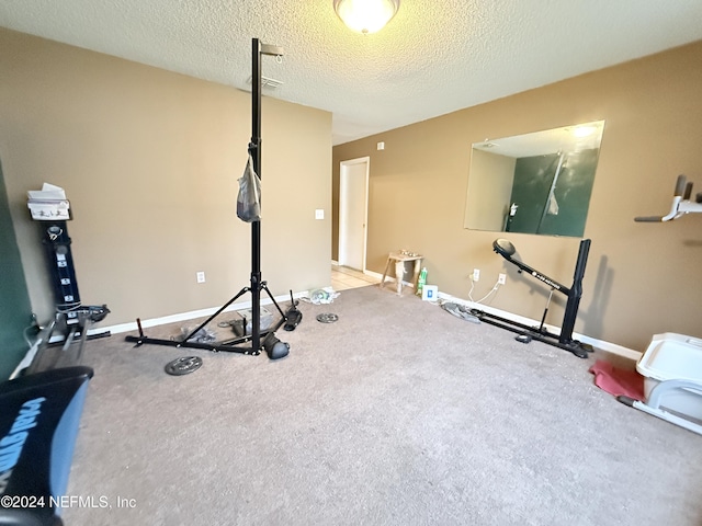 exercise room with light colored carpet and a textured ceiling