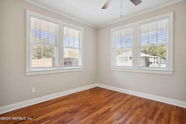 unfurnished room featuring crown molding, ceiling fan, and hardwood / wood-style flooring