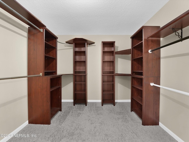 walk in closet featuring light colored carpet