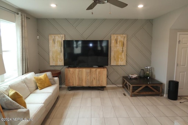 living room with ceiling fan