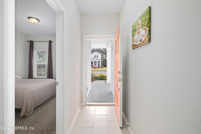 corridor with light carpet and a healthy amount of sunlight