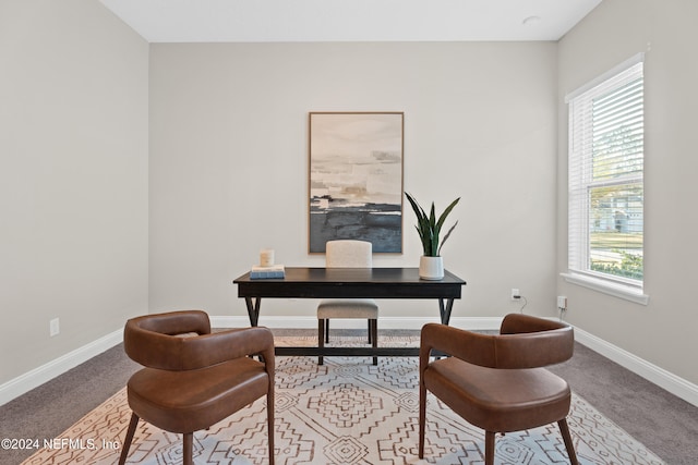 office area with plenty of natural light and light carpet