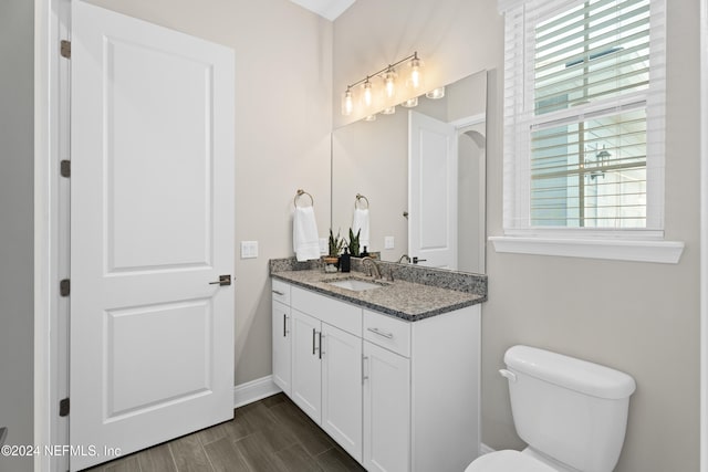 bathroom with vanity, hardwood / wood-style flooring, and toilet