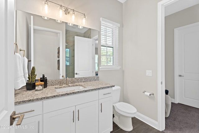 bathroom with toilet, a tile shower, wood-type flooring, and vanity