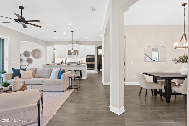 living room featuring dark hardwood / wood-style floors, ornamental molding, and sink