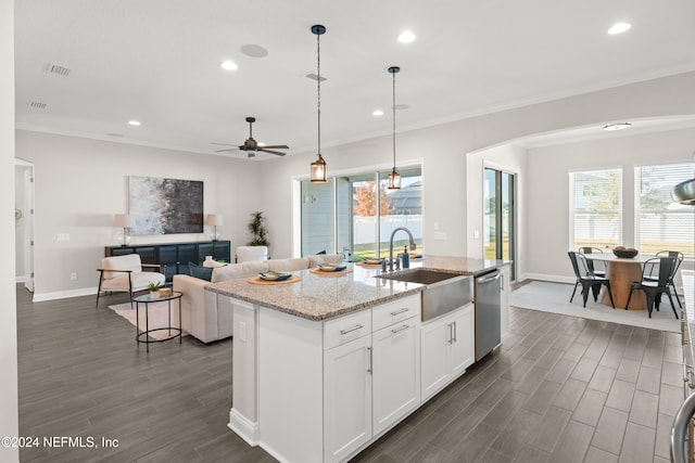 kitchen featuring white cabinets, dishwasher, a healthy amount of sunlight, and a center island with sink