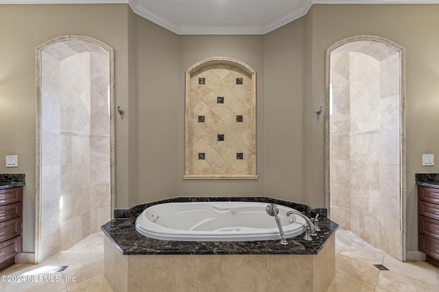 bathroom featuring tile patterned flooring, vanity, and ornamental molding