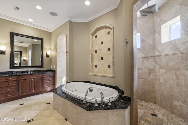 bathroom featuring crown molding, vanity, and independent shower and bath