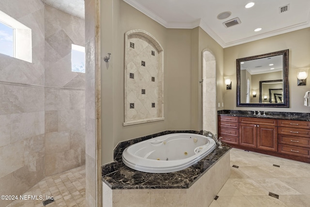 bathroom featuring vanity, ornamental molding, and plus walk in shower