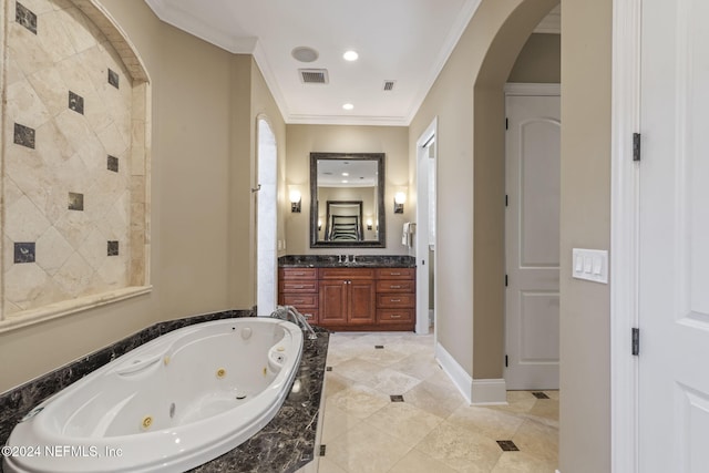 bathroom featuring crown molding, vanity, and independent shower and bath