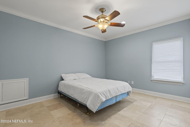 bedroom featuring ceiling fan and crown molding