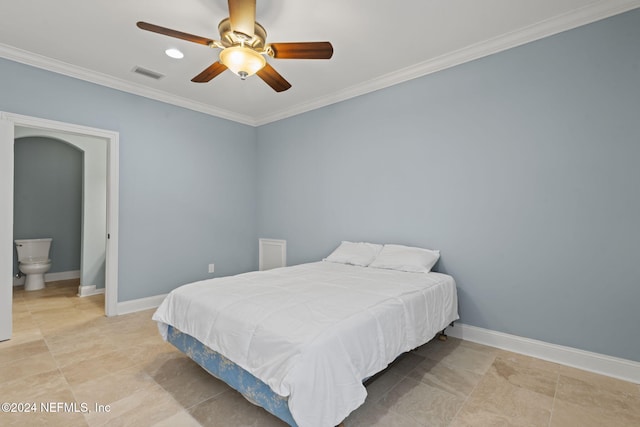 bedroom with ceiling fan and ornamental molding