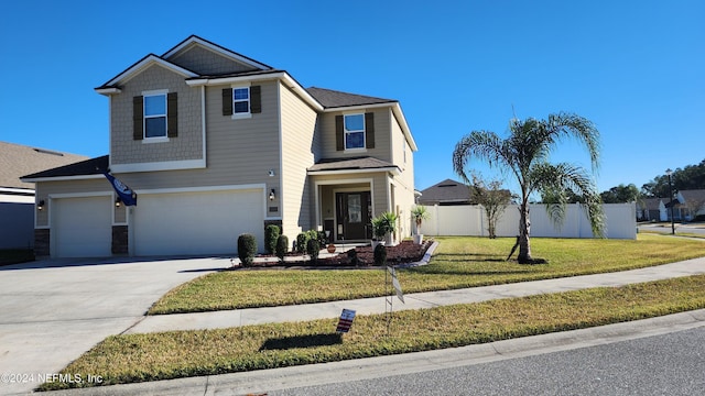 view of front facade with a garage and a front lawn