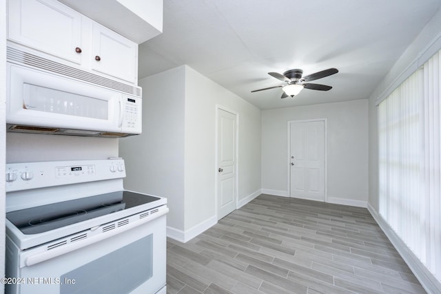 kitchen with ceiling fan, white cabinets, white appliances, and light wood-type flooring