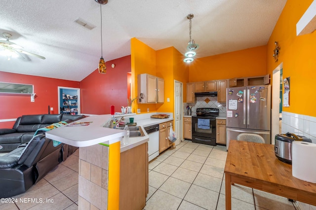 kitchen with stainless steel refrigerator, dishwasher, hanging light fixtures, black electric range, and kitchen peninsula